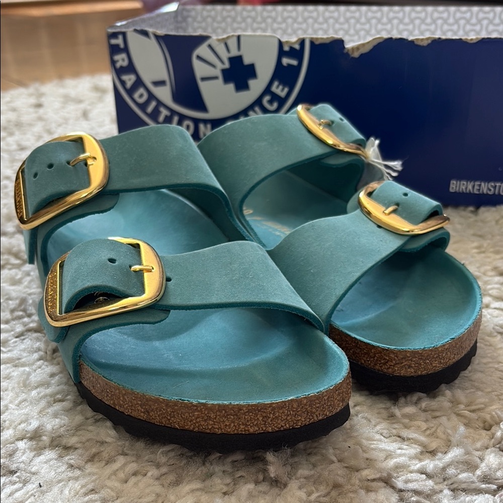 NWT Birkenstock Teal Sandals with Gold Buckles